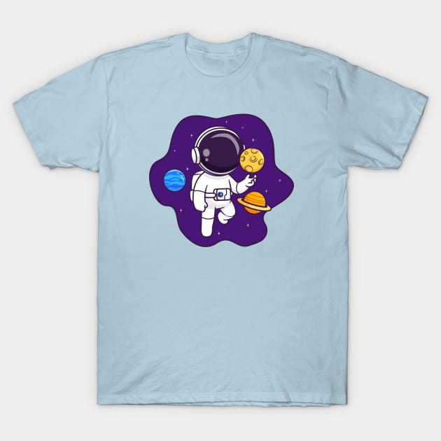 Cute Astronaut Floating In Space With Planet And Moon Cartoon T-Shirt by Catalyst Labs